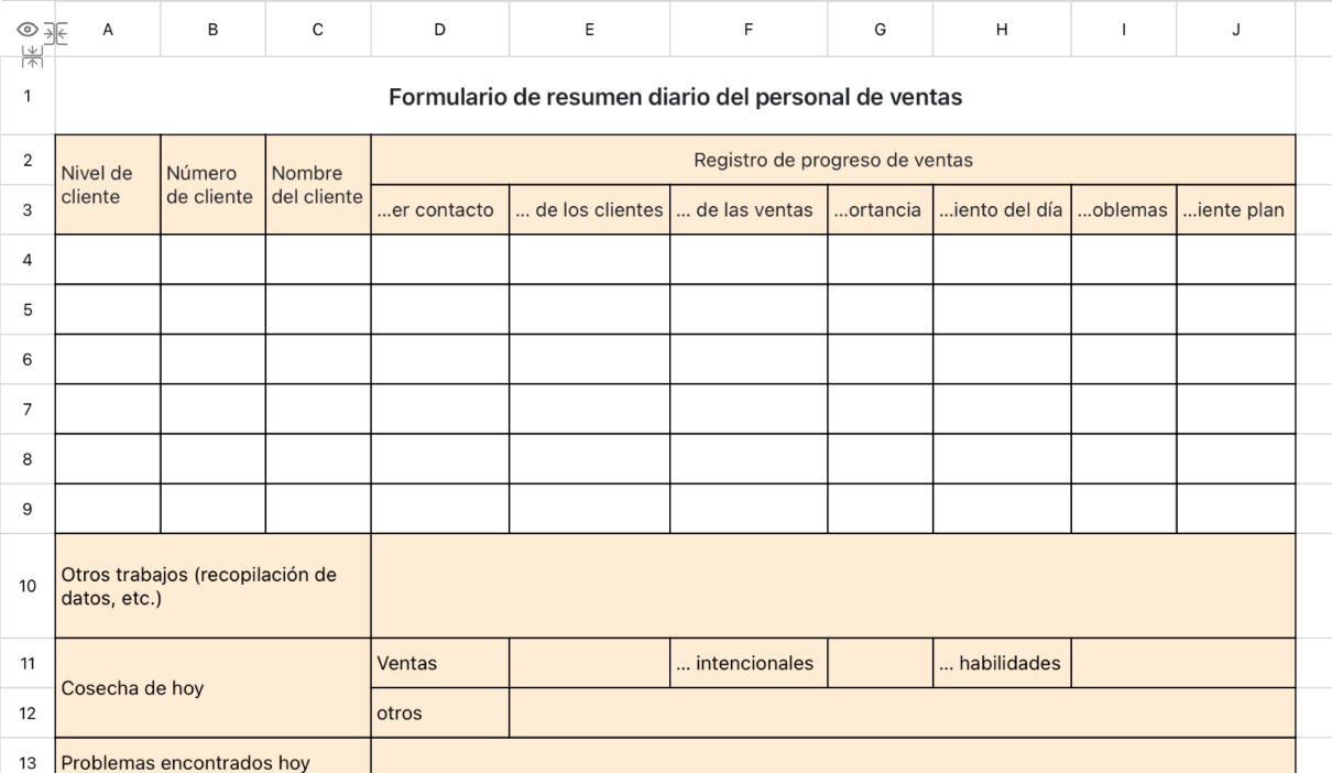 Formulario de resumen diario del personal de ventas